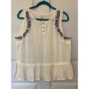 Lauren Conrad cream Sleeveless Blouse With Blue Embroidery Ruffled Trim Button F